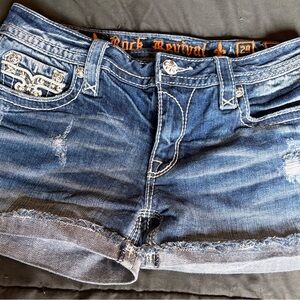 Rock Revival Faded Blue Distressed Denim Shorts with Embroidered Pockets